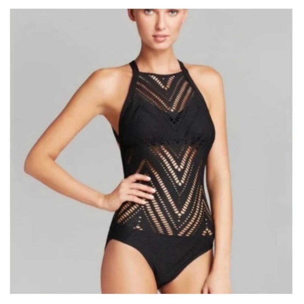 Robin Piccone 'Raquel' Portrait Back One-Piece Swimsuit Size 6 in Black - Picture 4 of 14